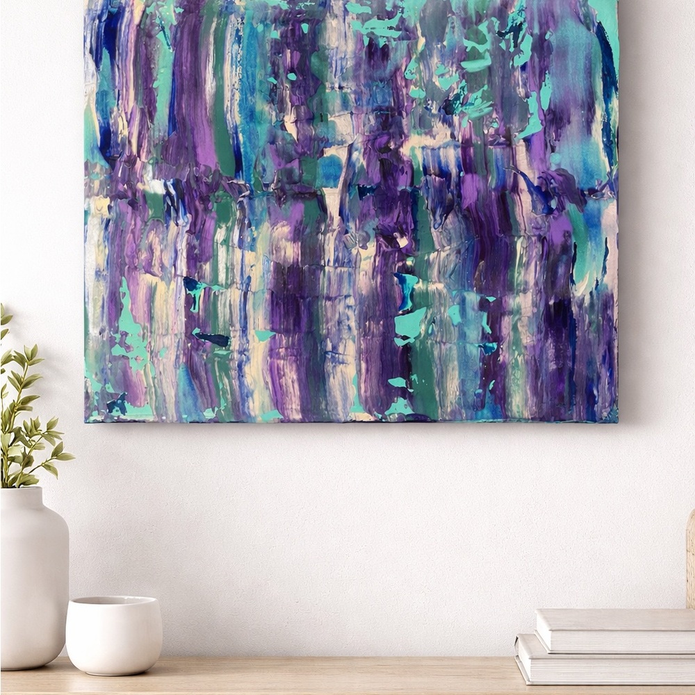 Original 16x20 Textured Abstract Acrylic Painting Purple Teal Canvas Silver
